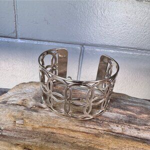 Brighton Designer Silver Tone Cutout Cuff Bracelet Featuring Intricate Geometric